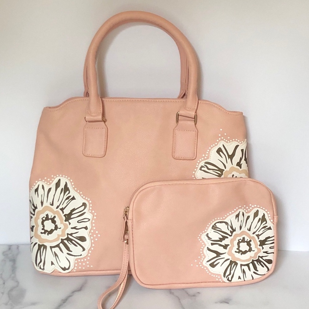 Pink Faux Leather Bag & Wristlet Cream w Brown Flowers Cell & Credit Card Pocket